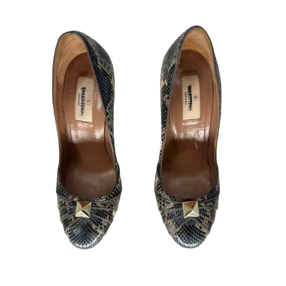 Valentino Garavani Python Rockstud Platform Pumps High Heels Women's Size 37.5
